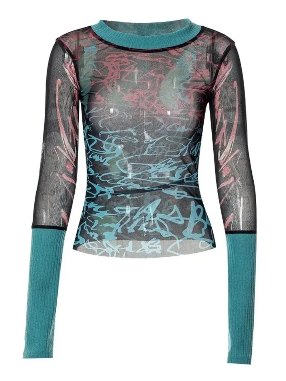 Y2K Vintage Sheer Slim Top Long Sleeve Round Neck Pattern Print Mesh Patchwork S - Picture 14 of 17